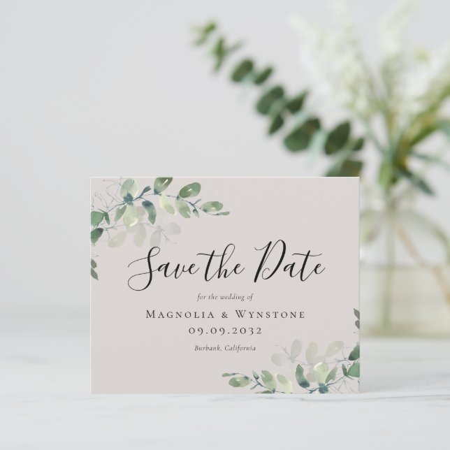 BUDGET Eucalyptus Watercolor Wedding Save The Date (Standing Front)