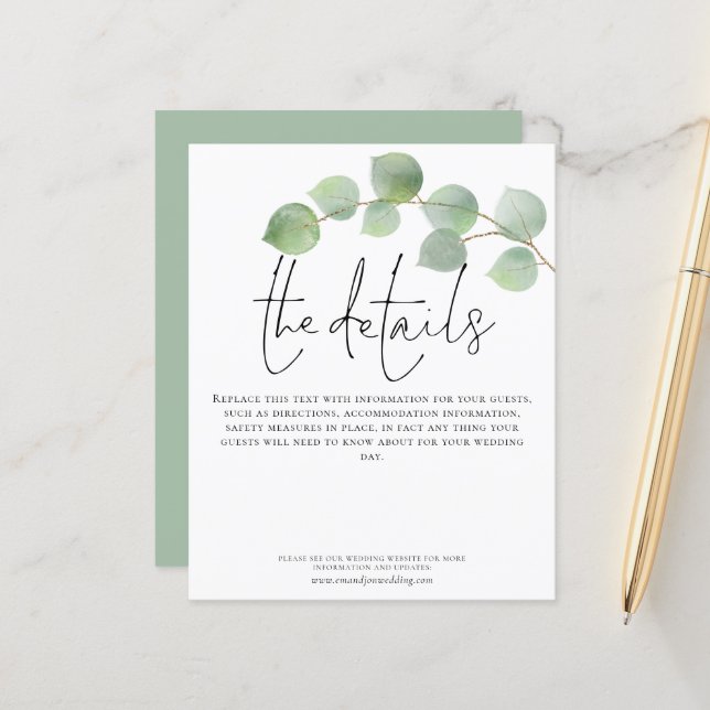 Budget Eucalyptus Wedding Details Script Enclosure (Front/Back In Situ)