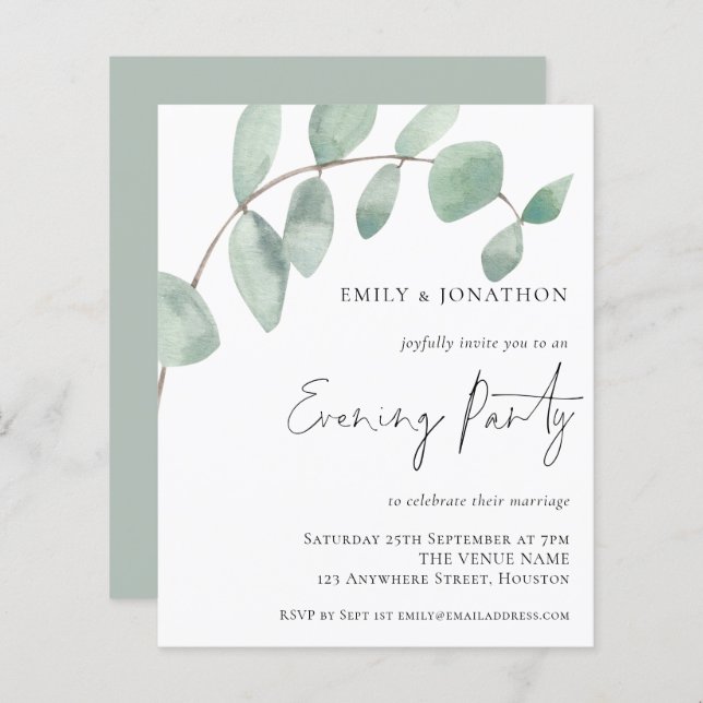 Budget Eucalyptus Wedding Evening Party Invitation (Front/Back)