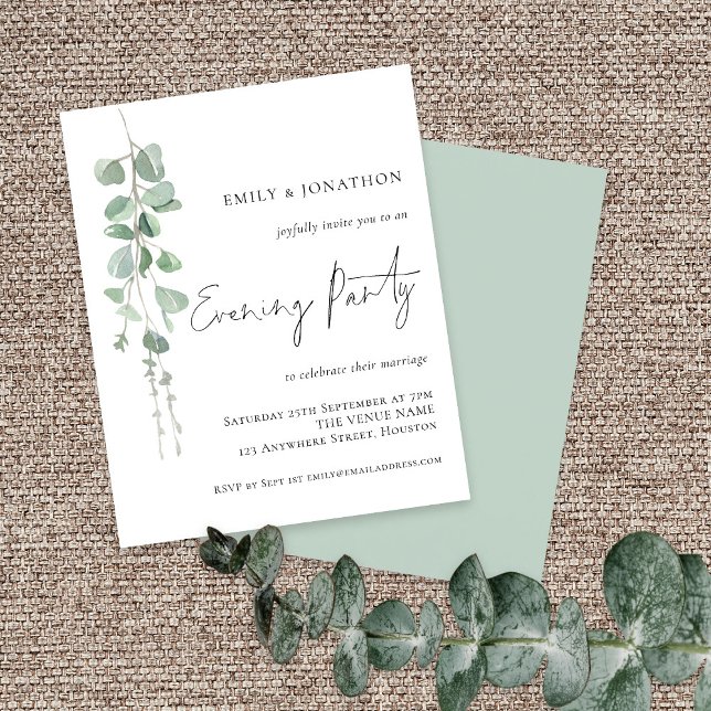 Budget Eucalyptus Wedding Evening Party Invitation (Front and back view)