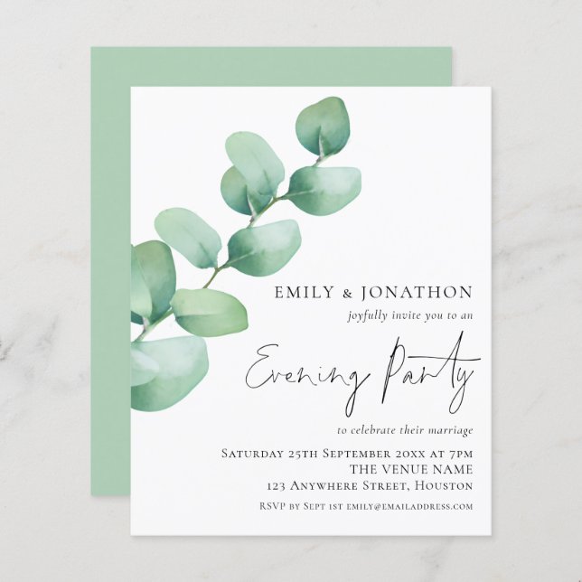 Budget Eucalyptus Wedding Evening Party Invite (Front/Back)