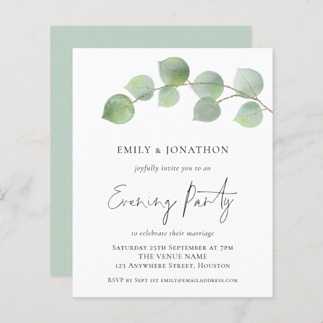 BUDGET Eucalyptus Wedding Evening Party Invite (Front/Back)
