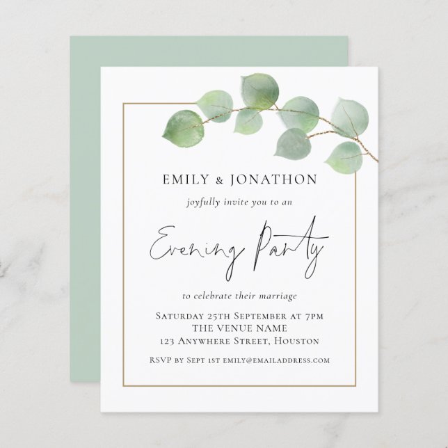 BUDGET Eucalyptus Wedding Evening Party Invite (Front/Back)