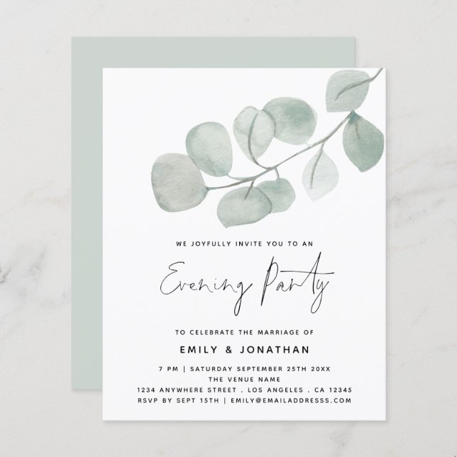BUDGET Eucalyptus Wedding Evening Party Invite (Front/Back)