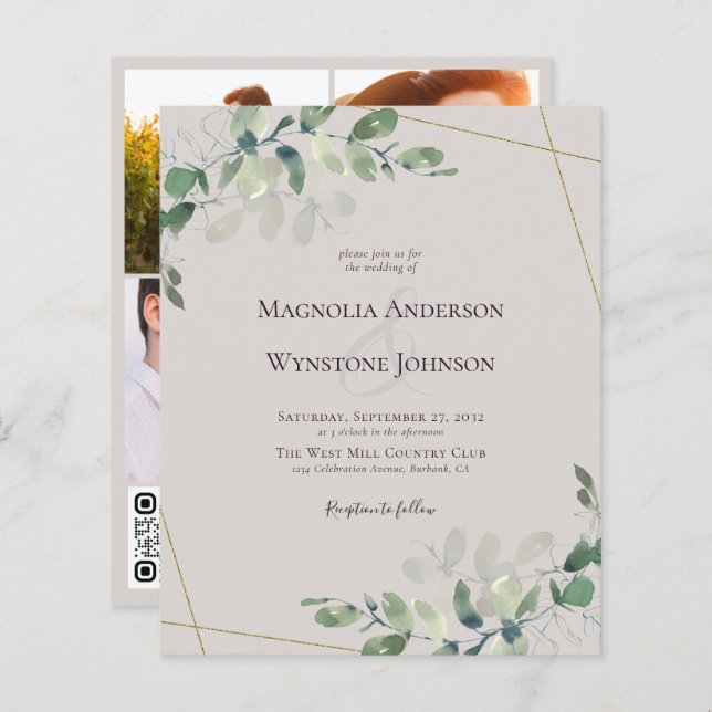 Budget Eucalyptus Wedding Invitation QR Code (Front/Back)