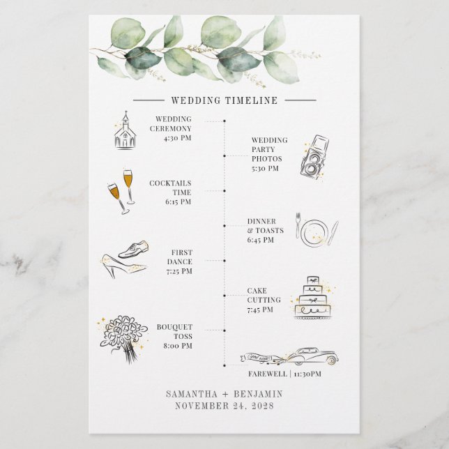 Budget Eucalyptus Wedding Itinerary Timeline Stationery (Front)