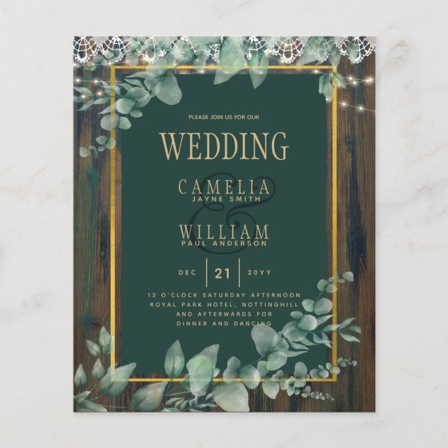 BUDGET Eucalyptus WEDDING Rustic Lace QR CODE Inv Flyer (Front)