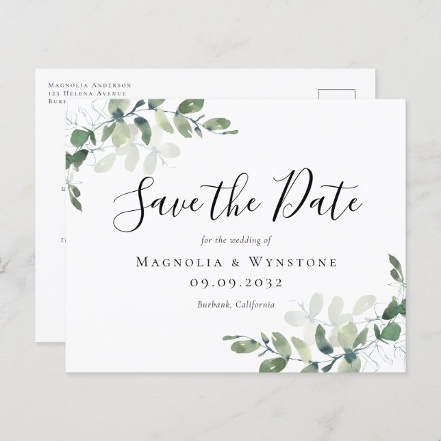 Budget Eucalyptus Wedding Save The Date Postcard (Front/Back)