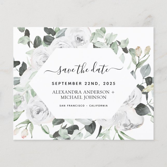 Budget Eucalyptus White Floral Save the Date Flyer (Front)