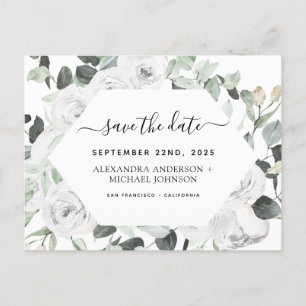 Budget Eucalyptus White Floral Save the Date Postc Postcard