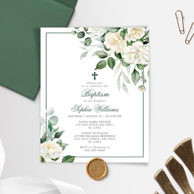 Budget Eucalyptus White Flowers Baptism Invitation (Creator Uploaded)