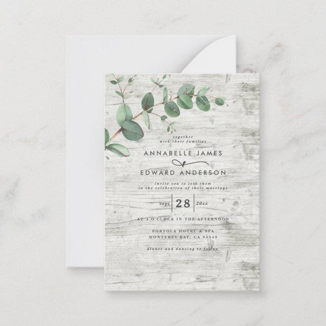 budget Eucalyptus white wood wedding Invitation (Front)