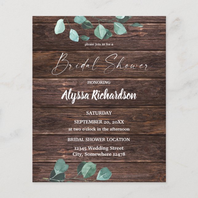 Budget Eucalyptus & Wood Bridal Shower Flyer (Front)