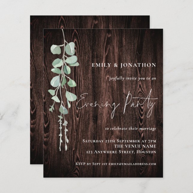 Budget Eucalyptus Wood Wedding Evening Party Invit (Front/Back)