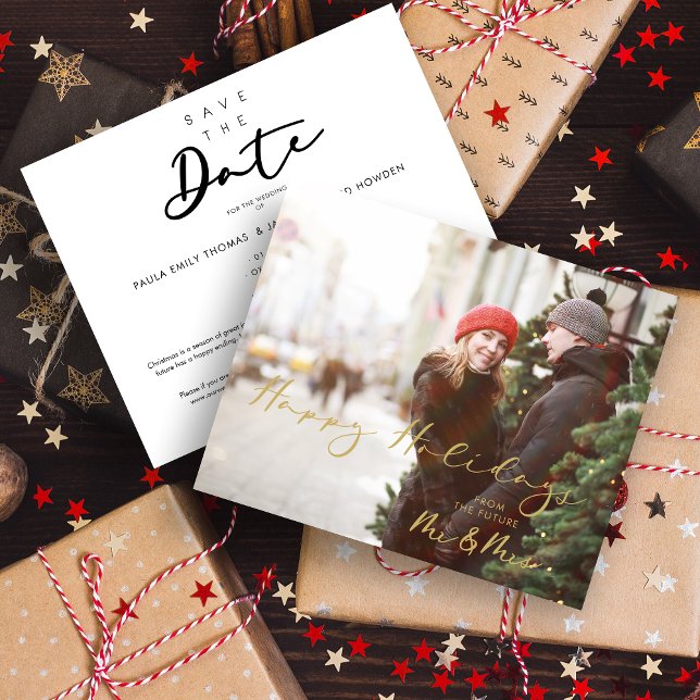 Budget Fake Golden Future Mr & Mrs Christmas (Inexpensive Cheap Modern Elegant Mr & Mrs Christmas Couple Wedding Save the Date Card with Envelope.)
