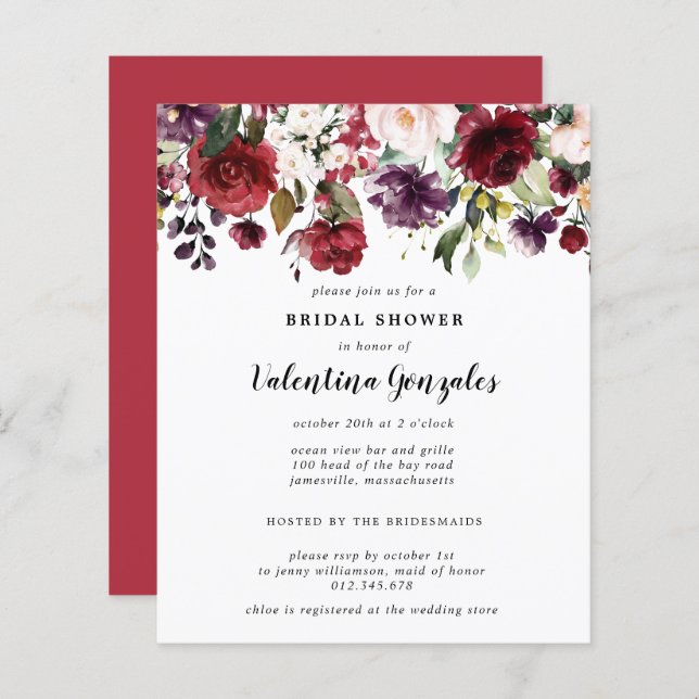 Budget Fall Burgundy Bridal Shower Invitation (Front/Back)