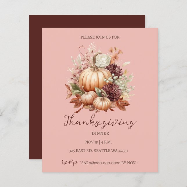 Budget Fall Floral Pumpkins Thanksgiving Invite (Front/Back)