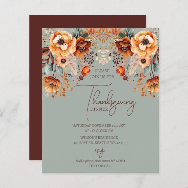 Budget Fall Floral Thanksgiving Dinner Invitation (Front/Back)