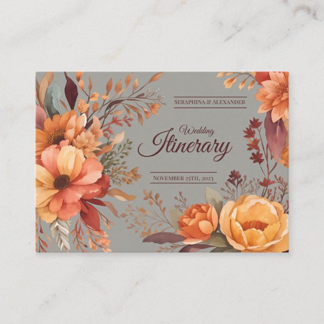 Budget Fall Floral Wedding Itinerary Enclosure Card (Front)