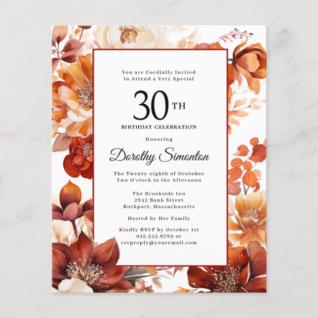 Budget Fall Flowers 30th Birthday Invitation (Front)
