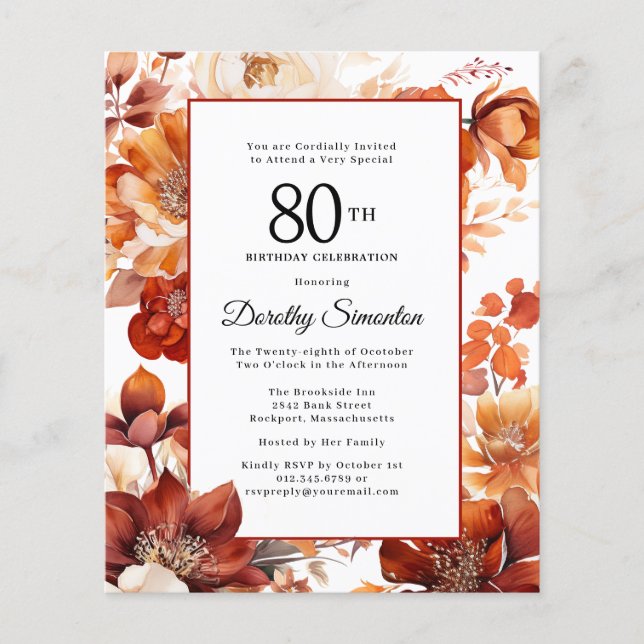 Budget Fall Flowers 80th Birthday Invitation (Front)