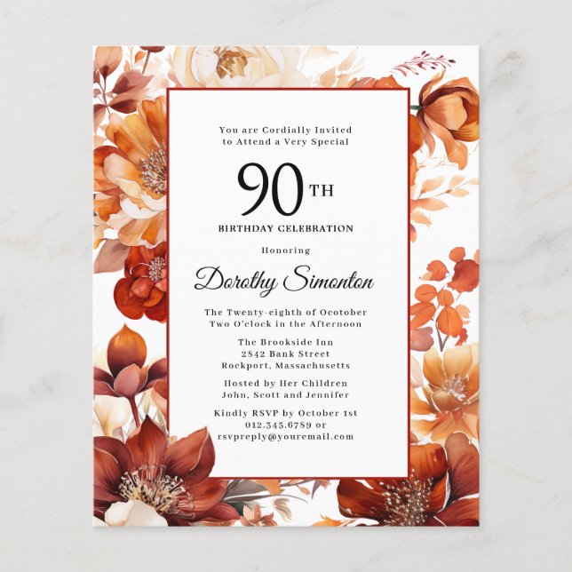 Budget Fall Flowers 90th Birthday Invitation (Front)