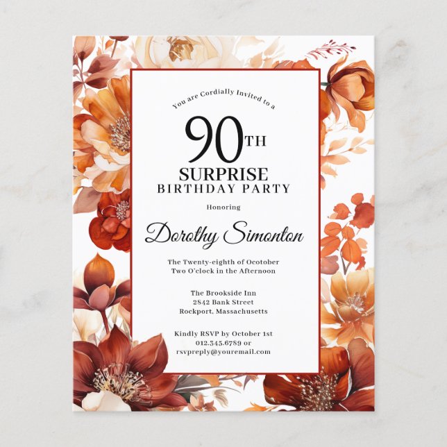 Budget Fall Flowers 90th Surprise Birthday Invite (Front)
