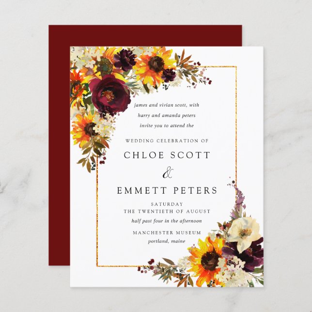 Budget Fall Flowers Sunflower Wedding Invitation (Front/Back)