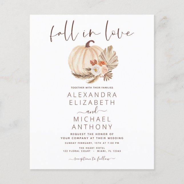 Budget Fall in Love Wedding Pampas Grass Pumpkin Flyer (Front)
