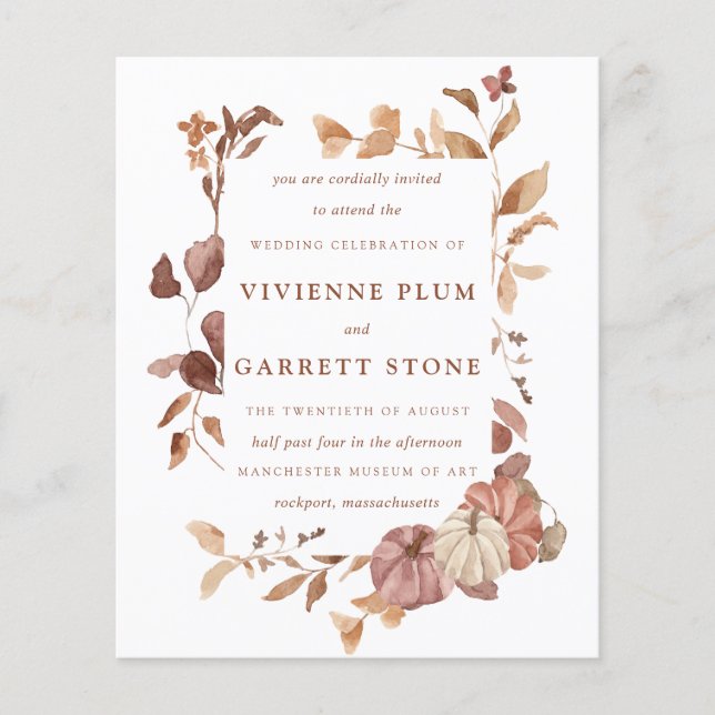 BUDGET Fall Leaves Pumpkins Wedding Invitation (Front)
