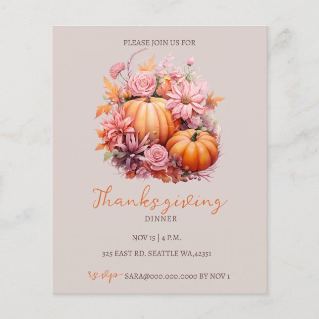 Budget Fall Pumpkins Thanksgiving Dinner Invite (Front)