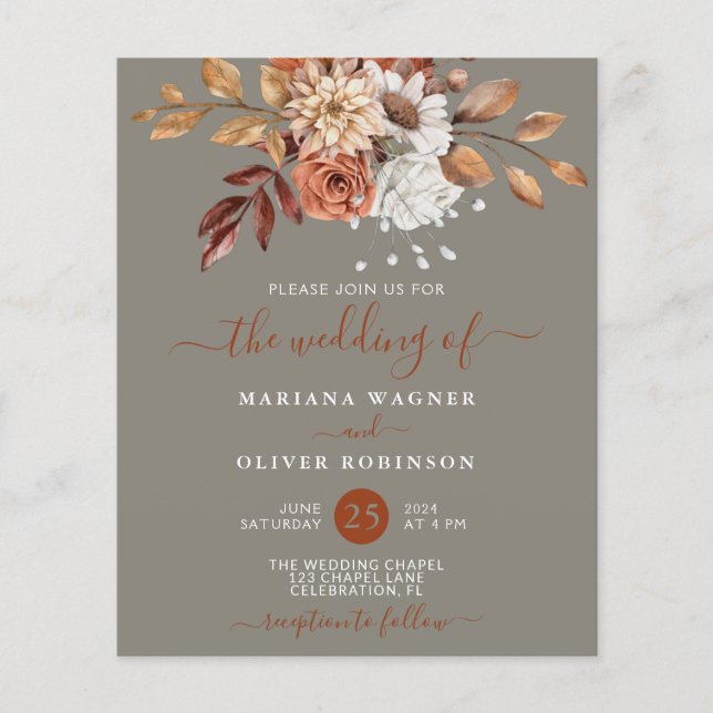 Budget Fall Watercolor Floral on Grey Wedding (Front)