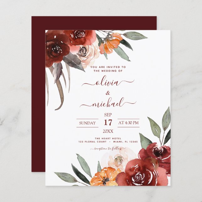 Budget Fall Wedding Burgundy Floral (Front/Back)