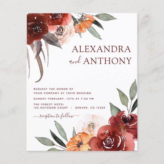 Budget Fall Wedding Burgundy Floral Flyer (Front)
