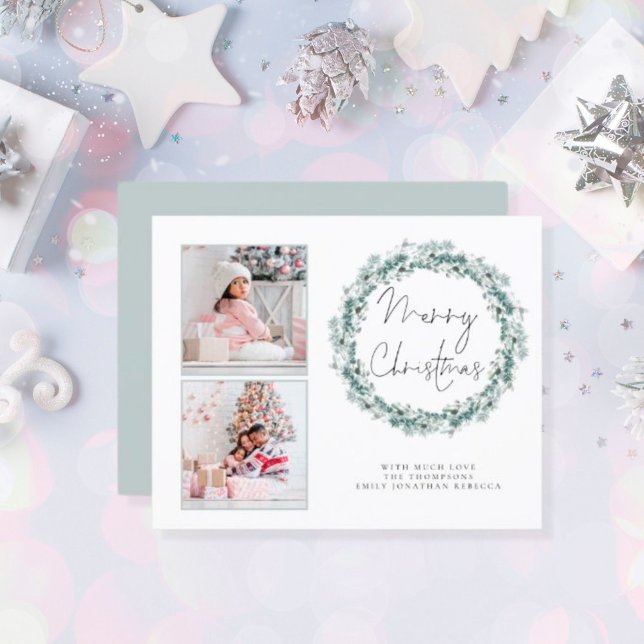 Budget Family 2 Photo Teal Merry Christmas Card (Creator Uploaded)