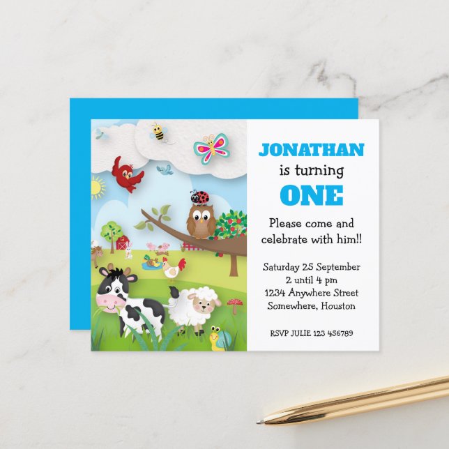 Budget Farm Animals Boy First Birthday Invitation (Front/Back In Situ)