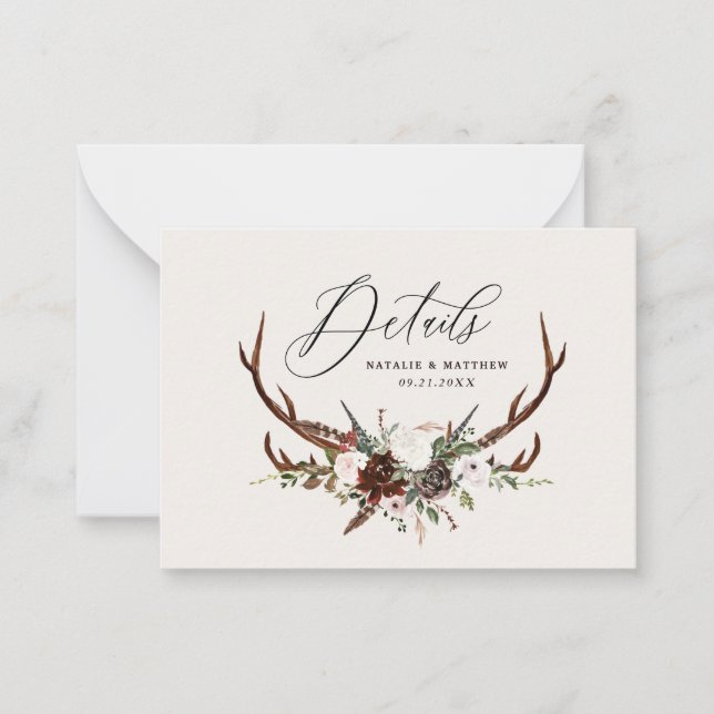 budget farmhouse stag botanical wedding details  card (Front)