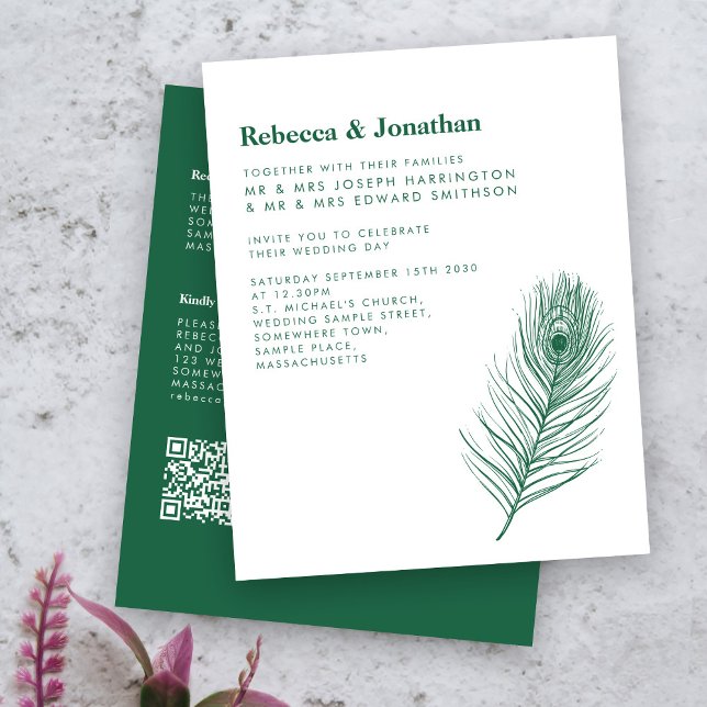 Budget Feather Emerald Green Wedding Invitation (Creator Uploaded)