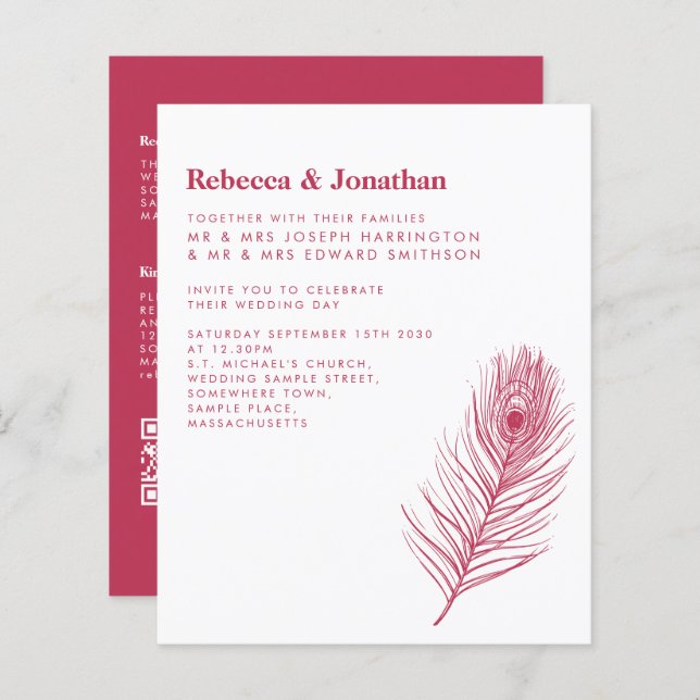 Budget Feather Magenta Pink Wedding Invitation (Front/Back)