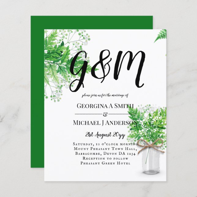 BUDGET Ferns Greenery White Wedding Invite (Front/Back)