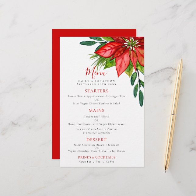 Budget Festive Wedding Poinsettia Foliage Menu (Front/Back In Situ)