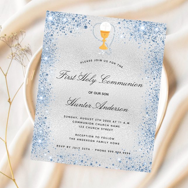 Budget first communion silver blue invitation (Creator Uploaded)