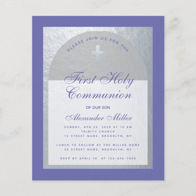 Budget First Communion Silver Violet Invitation (Front)