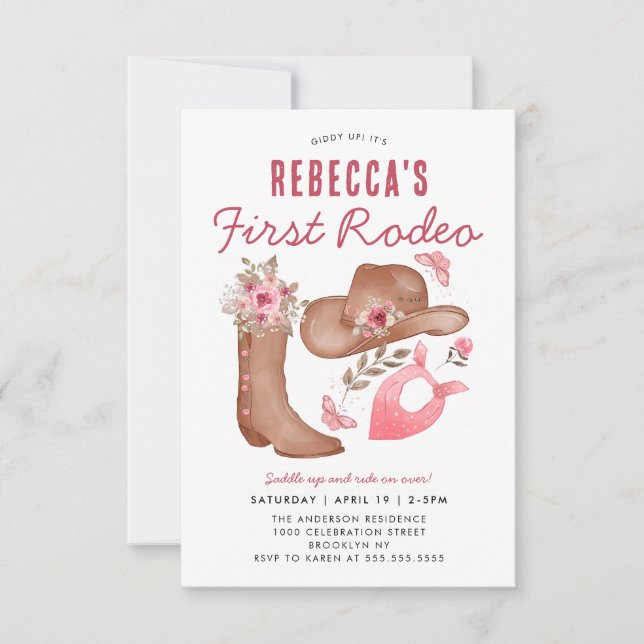 Budget First Rodeo Blush Pink Cowgirl 1st Birthday Card (Front)