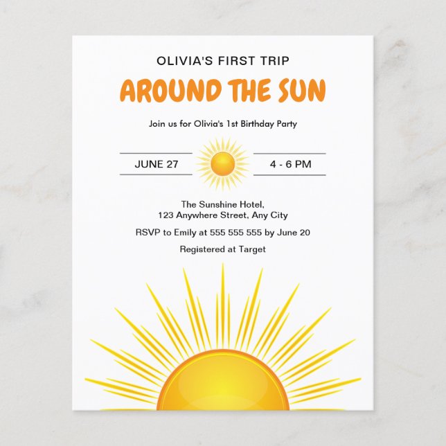 Budget First Trip Around the Sun Birthday Invite Flyer (Front)