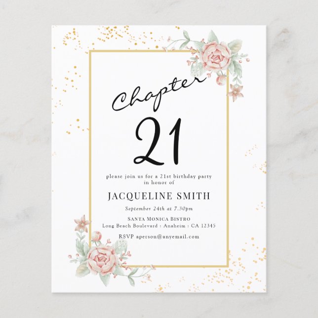Budget Floral 21st Birthday Invitation Flyer (Front)