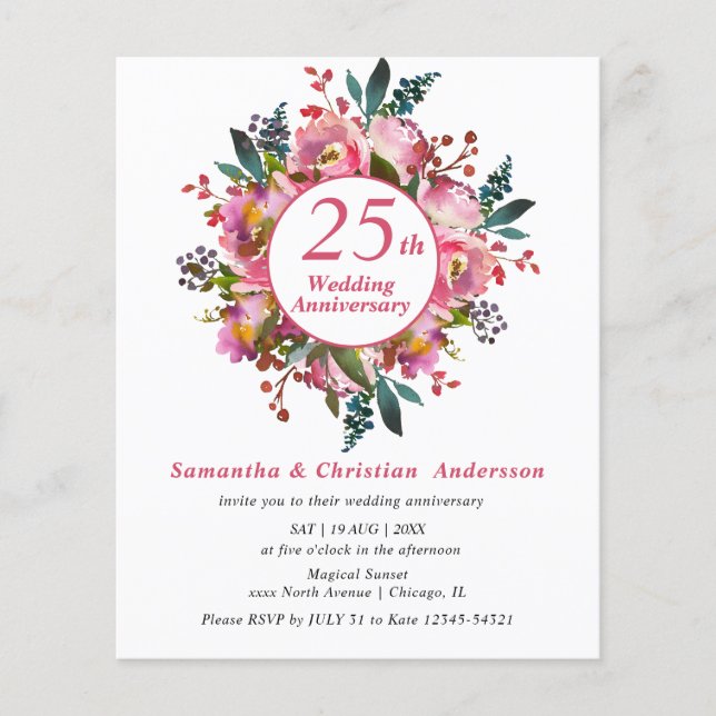 Budget Floral 25th Wedding Anniversary Invitation (Front)