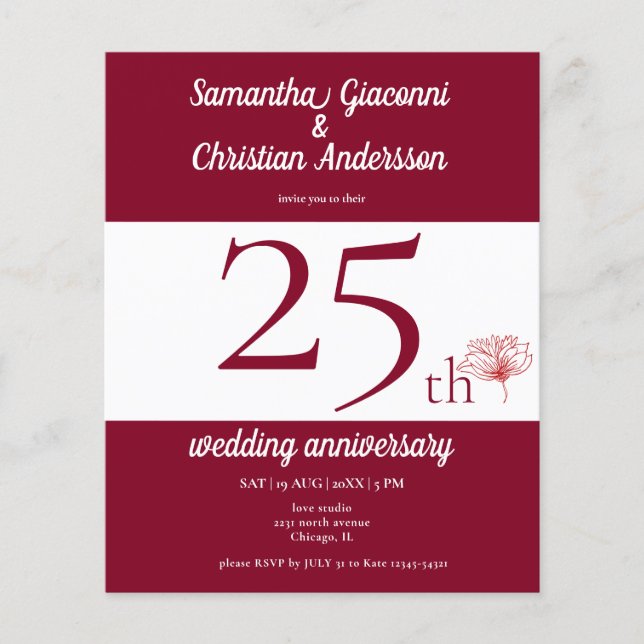 Budget Floral 25th Wedding Anniversary Invitation (Front)