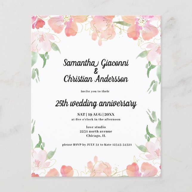Budget Floral 25th Wedding Anniversary Invitation (Front)
