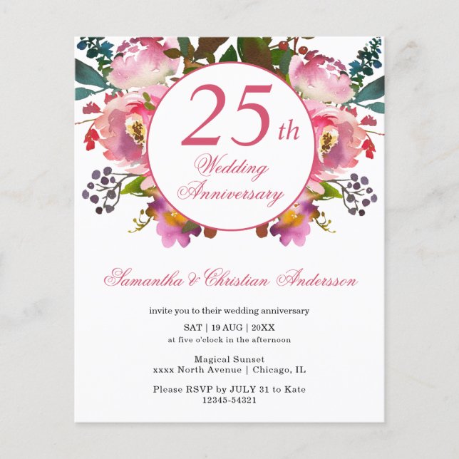 Budget Floral 25th Wedding Anniversary Invitation (Front)